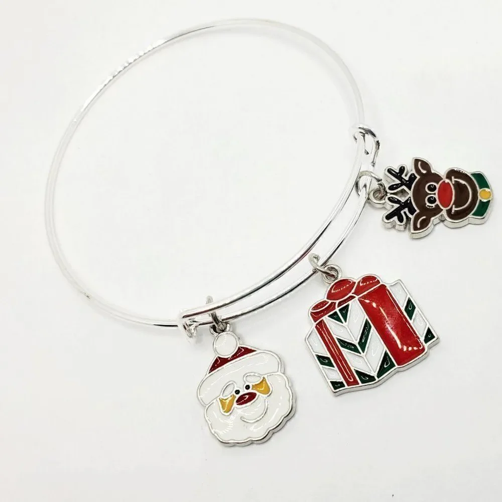 Christmas Santa, Present, and Reindeer Charm Bracelet, Silver Adjustable Jewelry